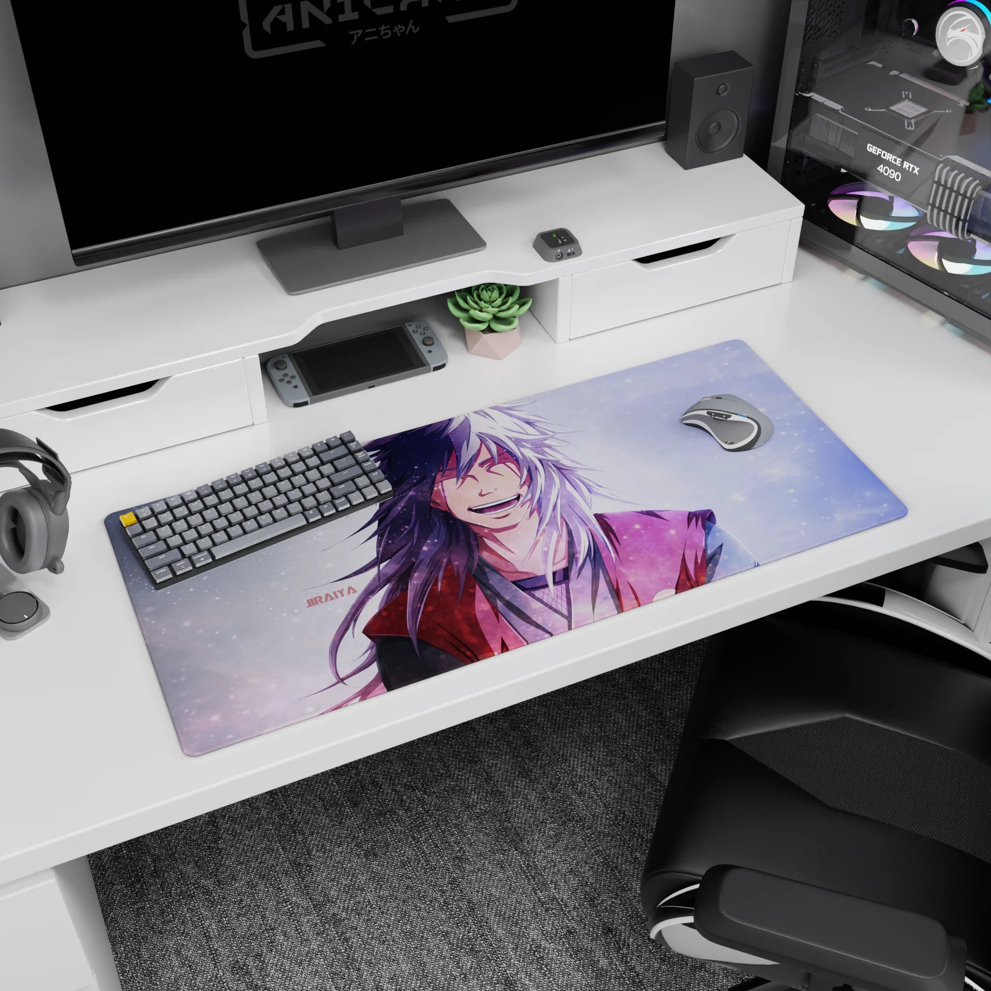 36x16 inches Naruto desk pad featuring laughing Jiraiya with spiky white hair and red haori on your desk.