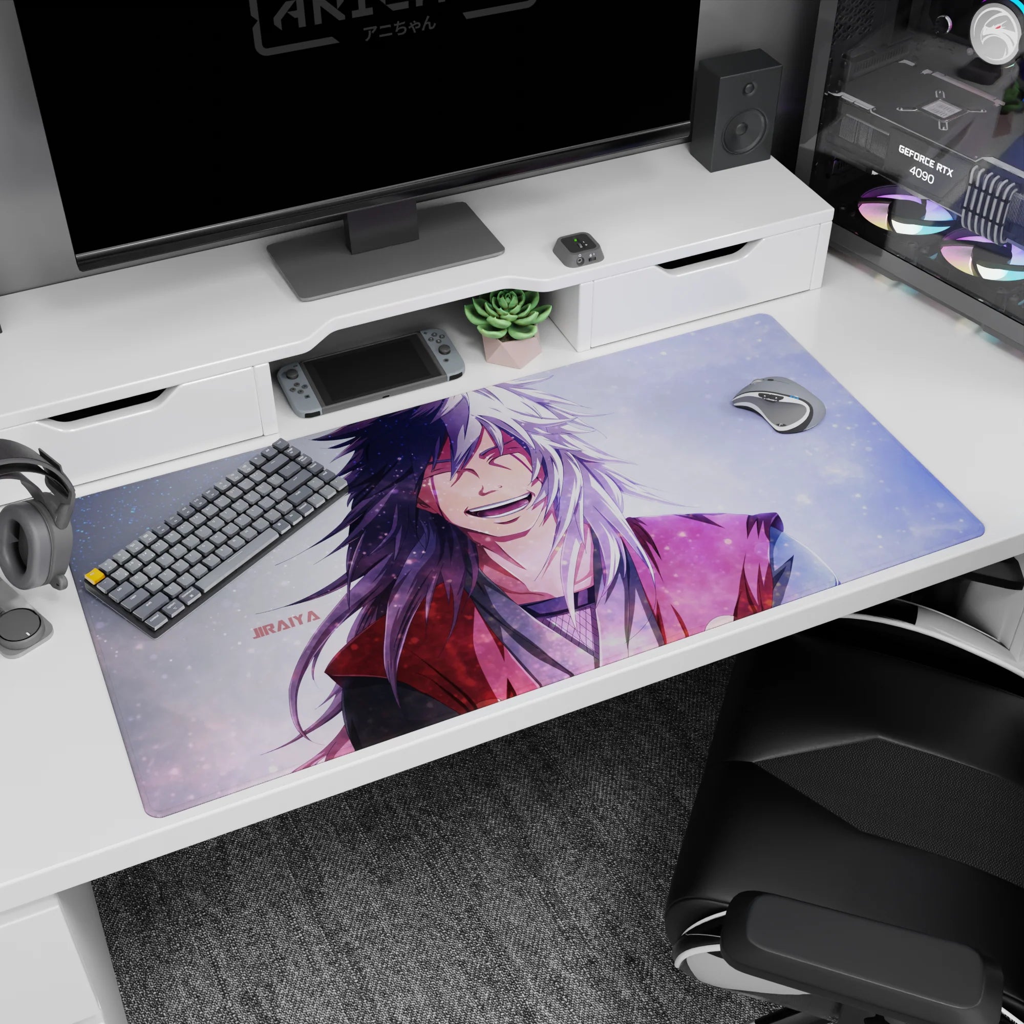 Naruto Jiraiya smiling with white hair and red haori on a 40x20 inches anime desk pad, cozy desk vibe.
