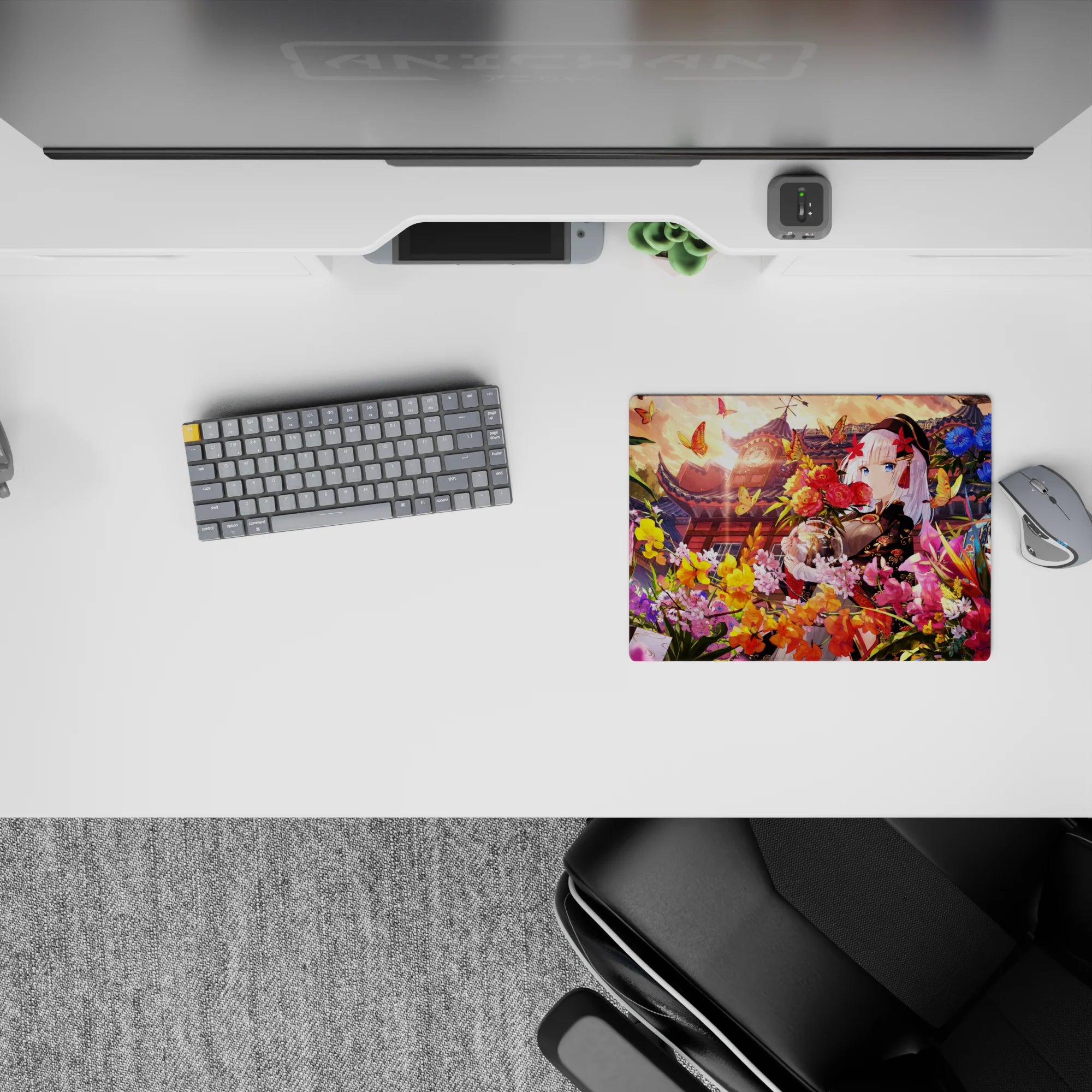 Warm sunset gold and candy pink anime mouse pad 14x10 inches, deep blues for a dreamy desk mood.