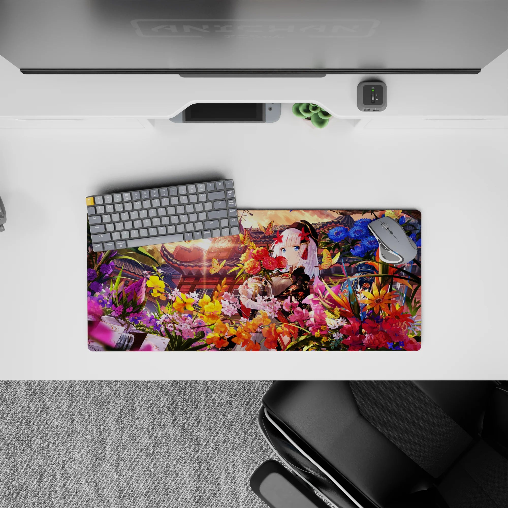 Anime girl mouse pad 28x12 inches in sunset gold, candy pink, and deep blue for a dreamy desk vibe.