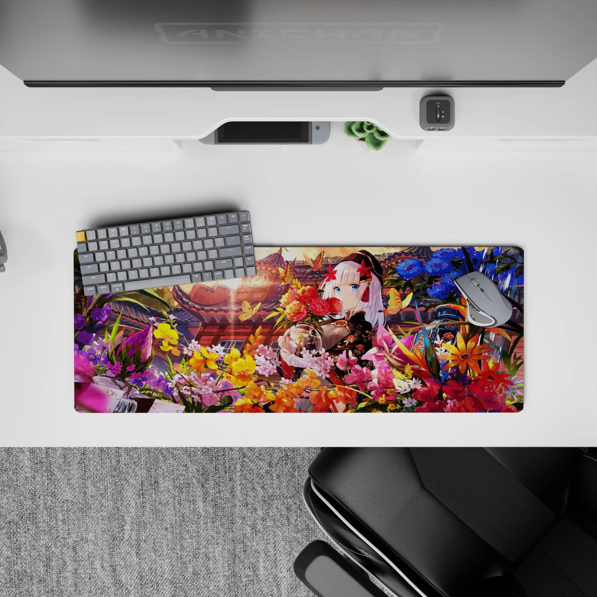 32x12 inches desk mat in sunset gold, candy pink, and deep blue with a dreamy floral festival vibe.