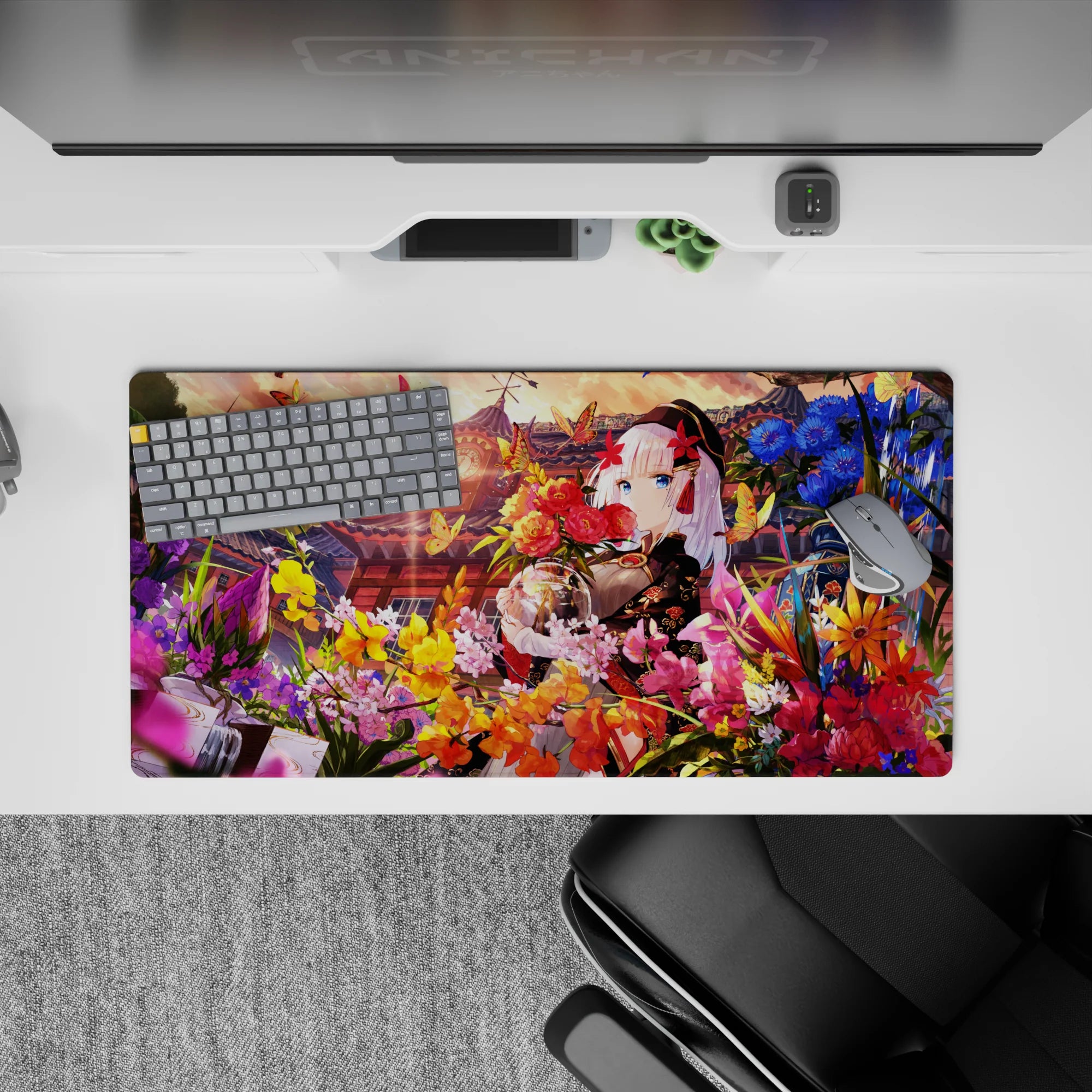 32x16 inches anime girl mouse pad in warm sunset gold, candy pink, and deep blue for a dreamy desk vibe.