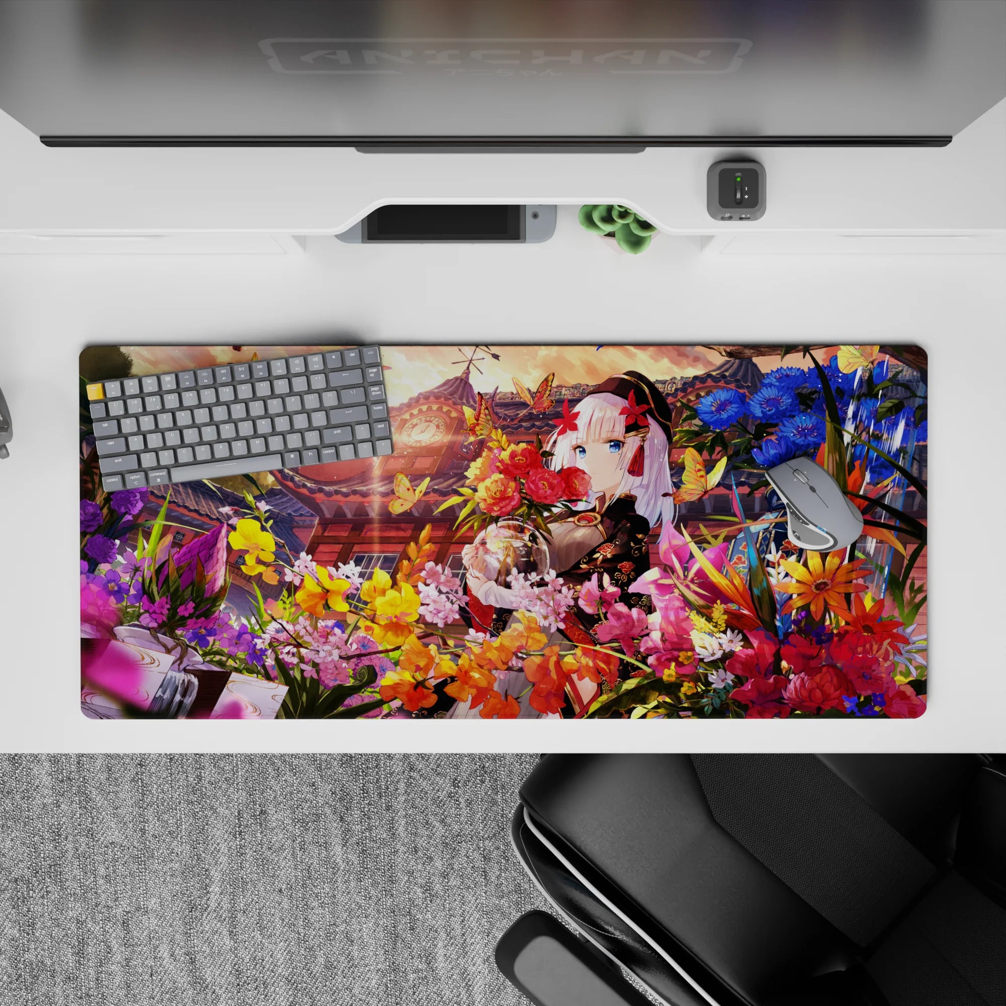 Anime girl desk pad 36x16 inches in sunset gold, candy pink, and deep blue garden-festival mood.