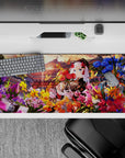 Anime girl desk pad 36x16 inches in sunset gold, candy pink, and deep blue garden-festival mood.