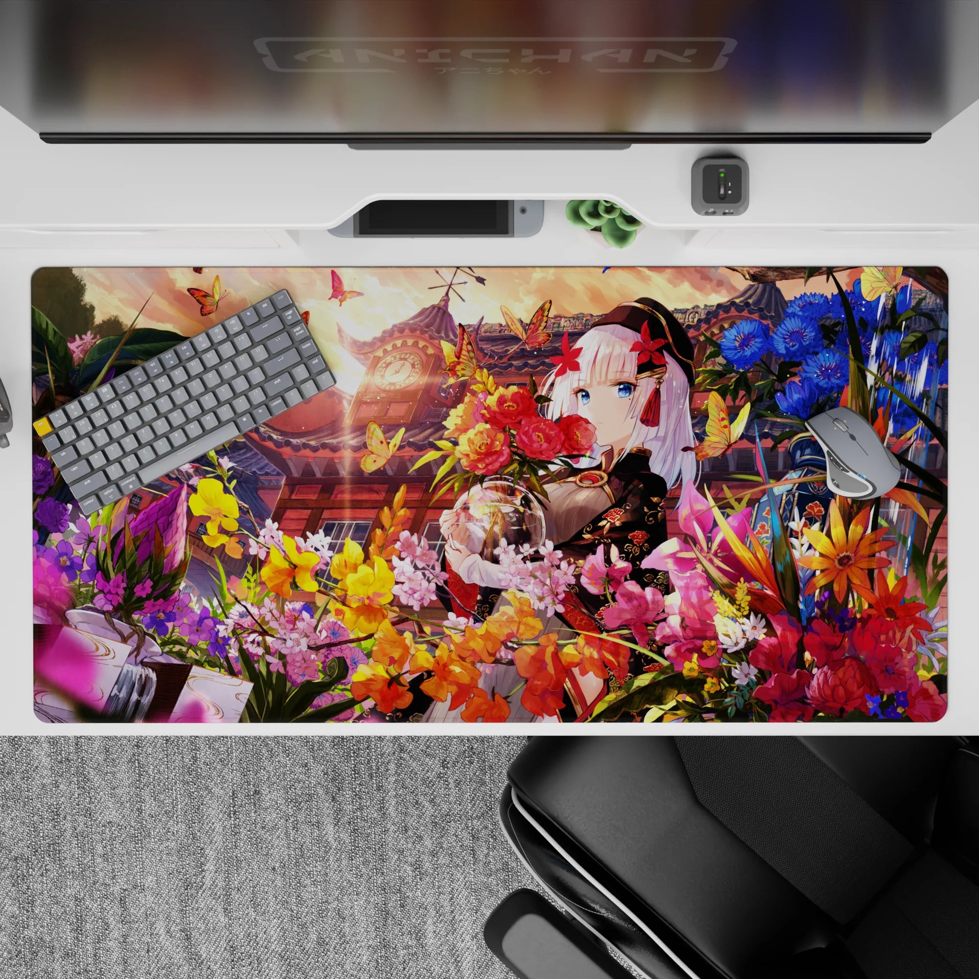 Anime desk pad 40x20 inches in sunset gold, candy pink, and deep blue for a dreamy garden mood.