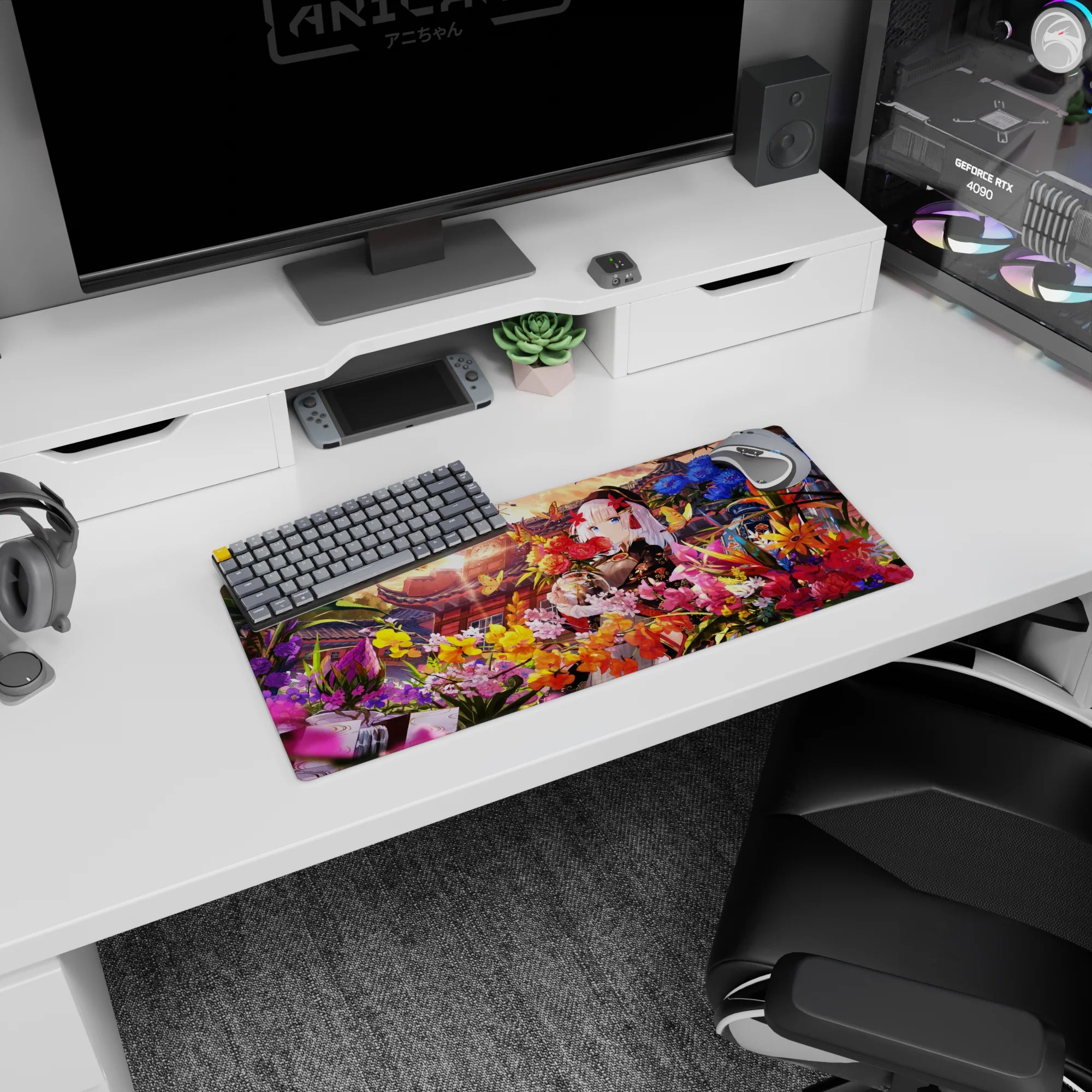 Anime girl mouse pad 28x12 inches showing a silver-haired girl in black-and-red kimono hugging flowers.