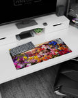 Anime girl mouse pad 28x12 inches showing a silver-haired girl in black-and-red kimono hugging flowers.