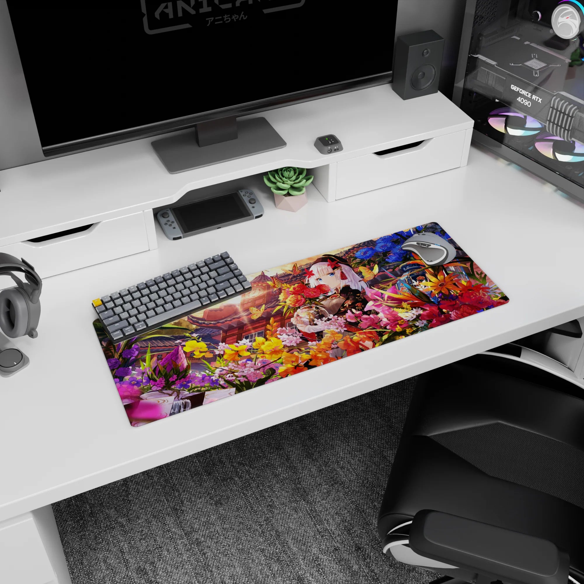 32x12 inches anime mouse pad showing a silver-haired girl in black-and-red kimono hugging a bouquet.