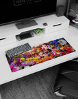 32x12 inches anime mouse pad showing a silver-haired girl in black-and-red kimono hugging a bouquet.