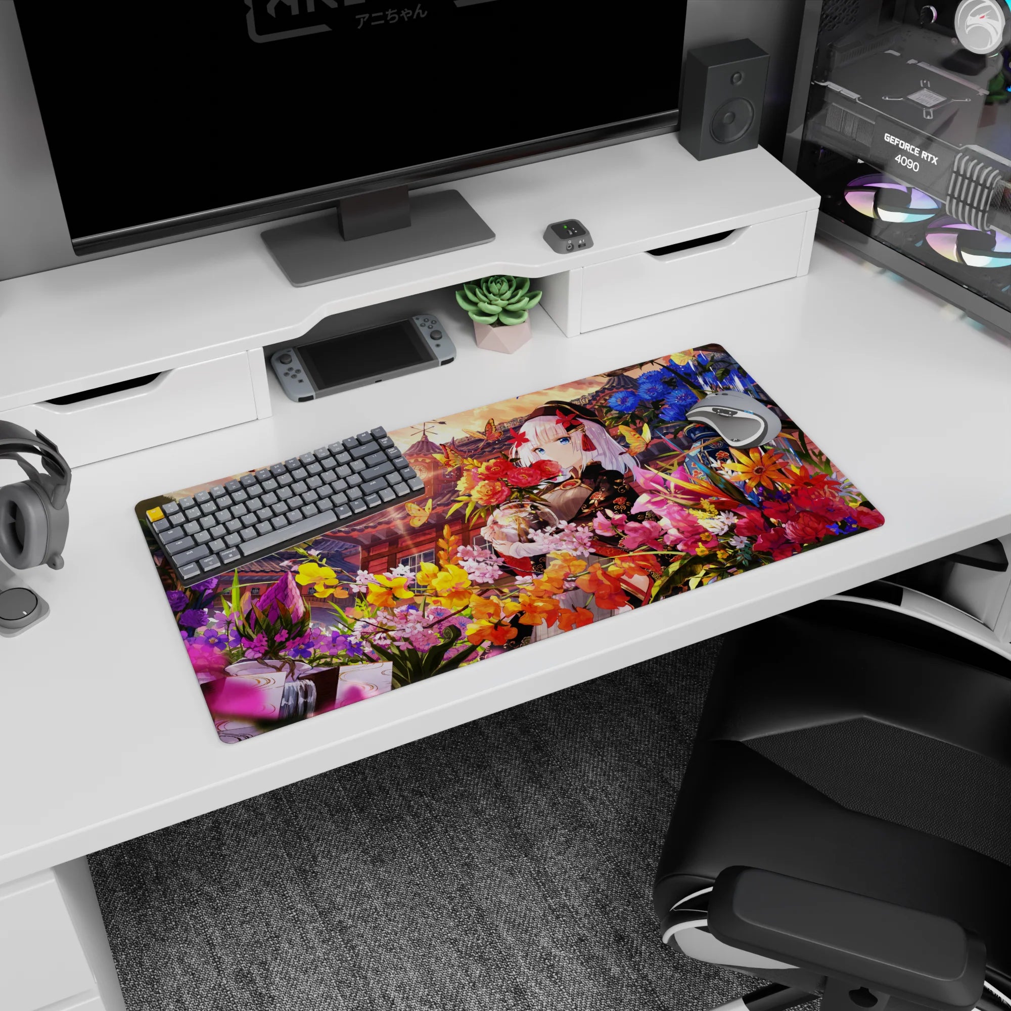 32x16 inches anime girl mouse pad featuring a silver-haired girl in black-red kimono hugging a bouquet.