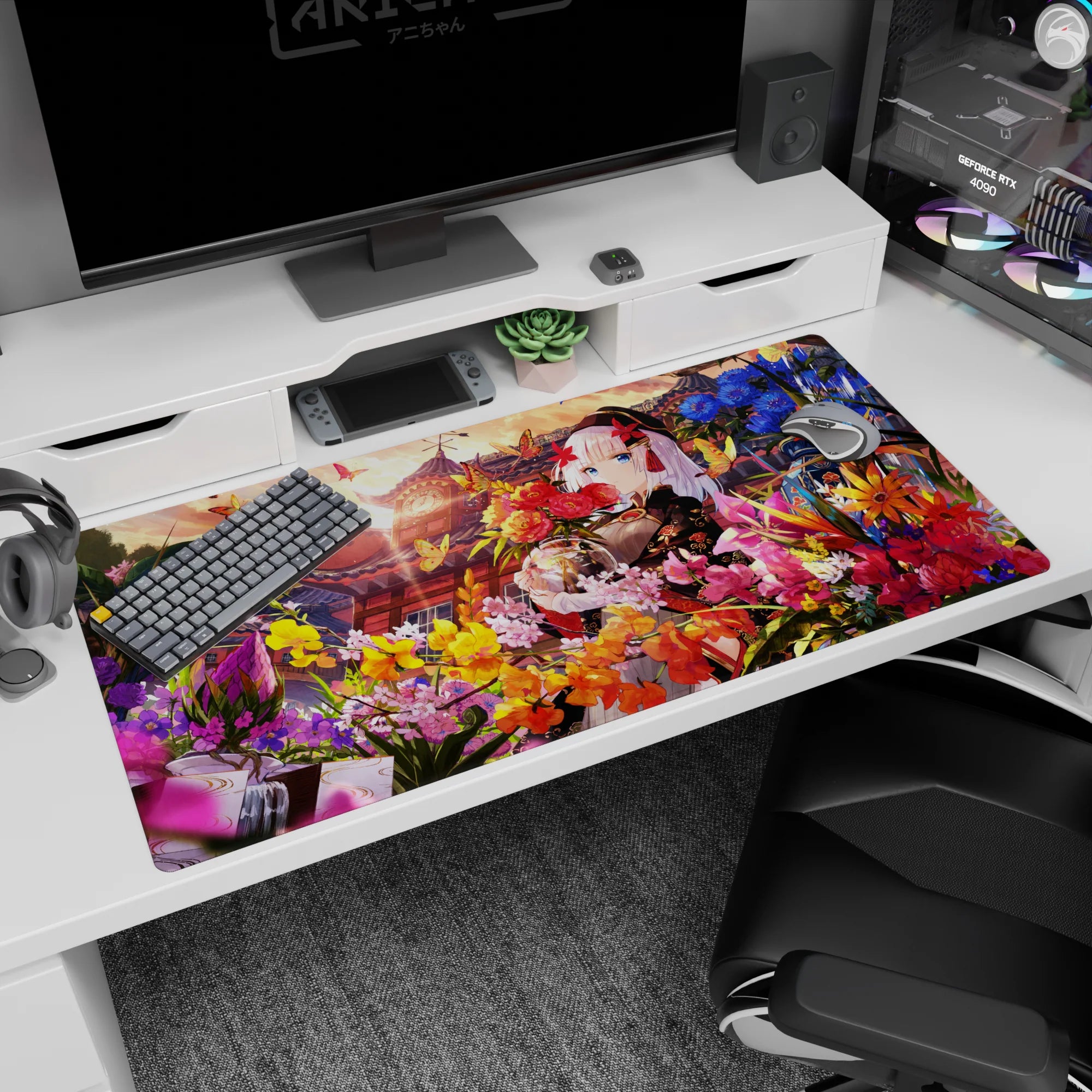 40x20 inches anime girl desk pad showing a silver-haired girl in black-and-red kimono hugging flowers.