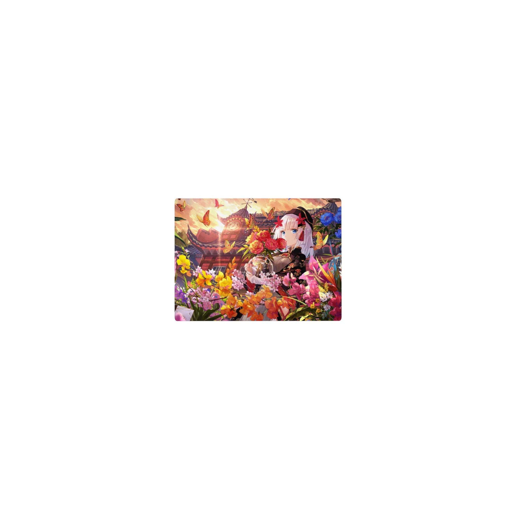 Classic anime girl mouse pad 14x10 inches with silver-haired kimono girl, flowers and butterflies.