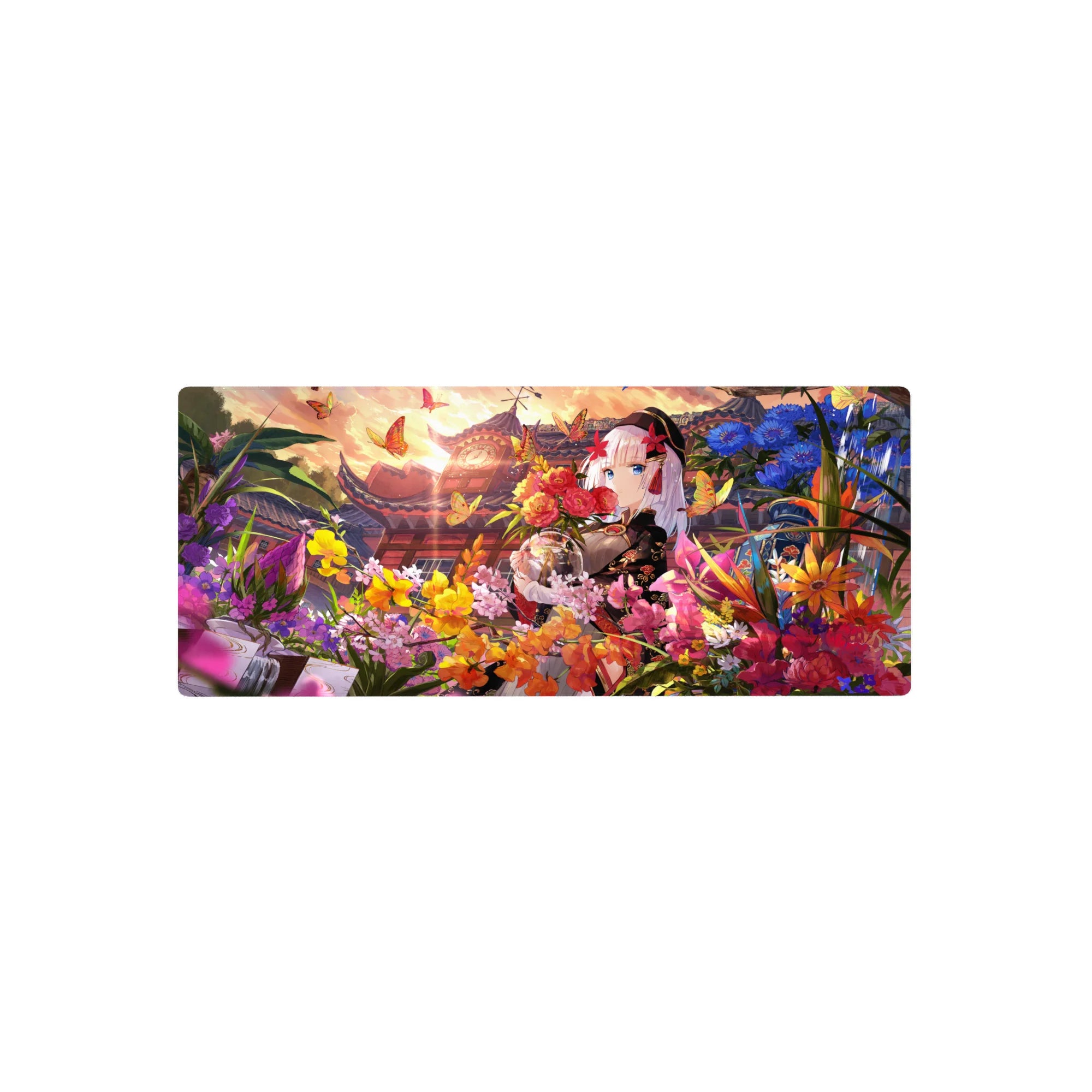 Anime girl mouse pad 28x12 inches with silver-haired kimono girl, butterflies, and floral garden art.