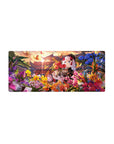 Anime girl mouse pad 28x12 inches with silver-haired kimono girl, butterflies, and floral garden art.