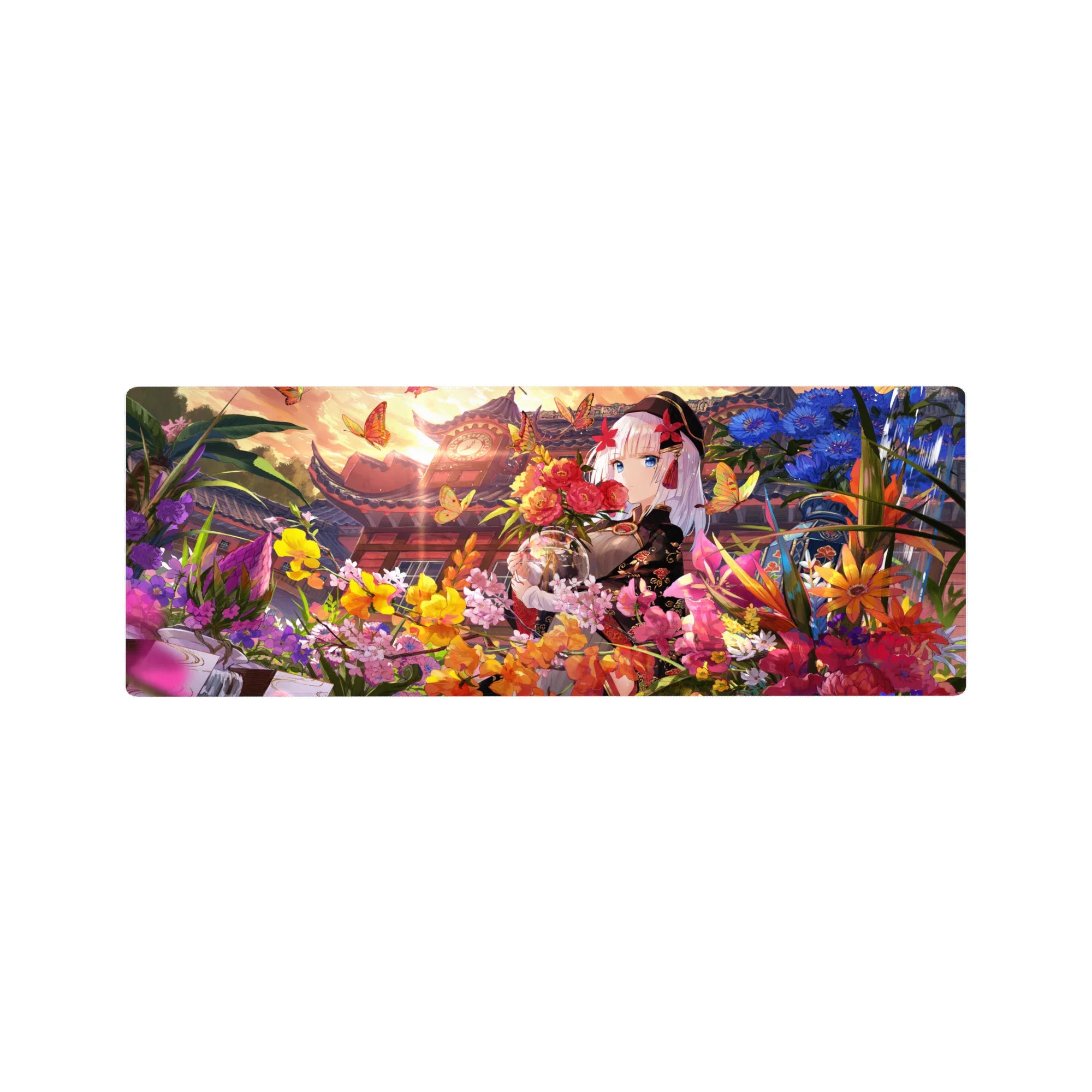 32x12 inches anime girl mouse pad with silver-haired kimono girl, butterflies, and blooming flowers.