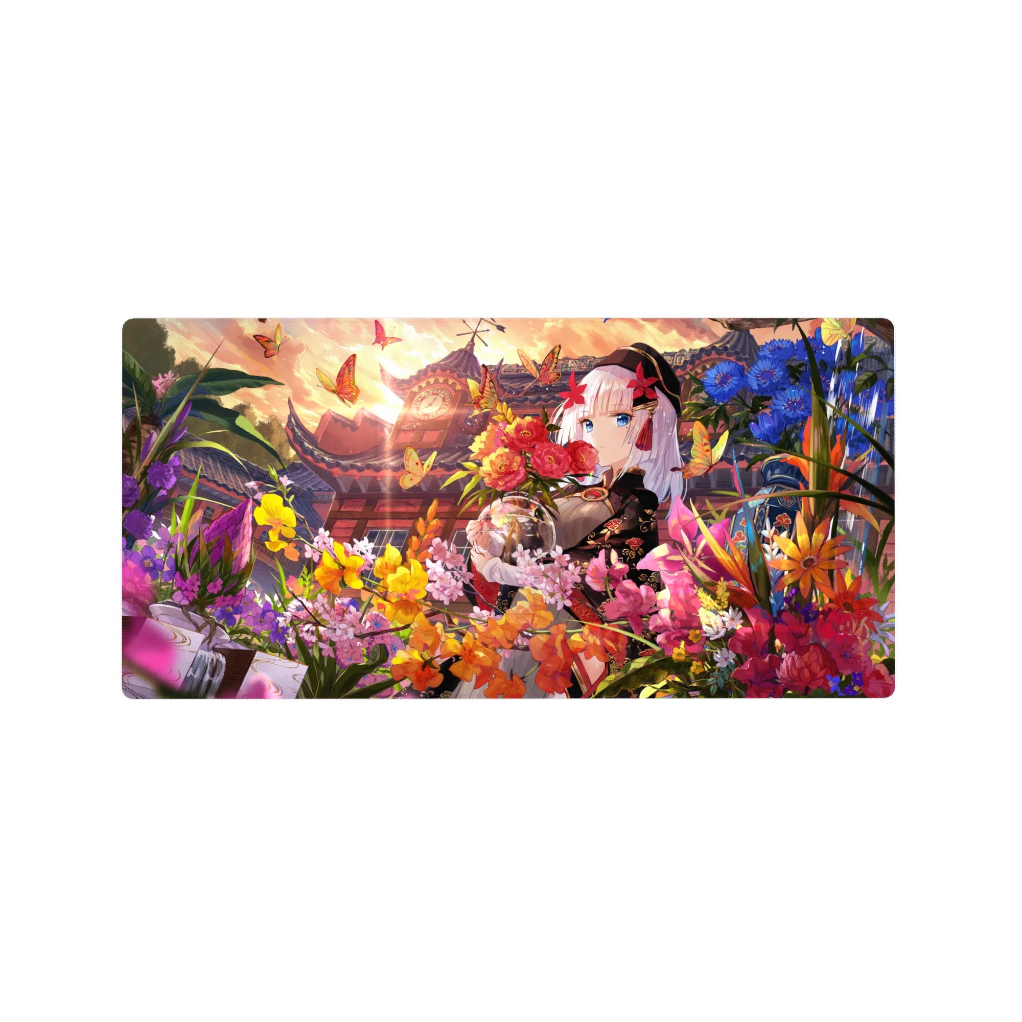 32x16 inches anime girl mouse pad with silver-haired kimono girl, butterflies, and blooming flower garden.