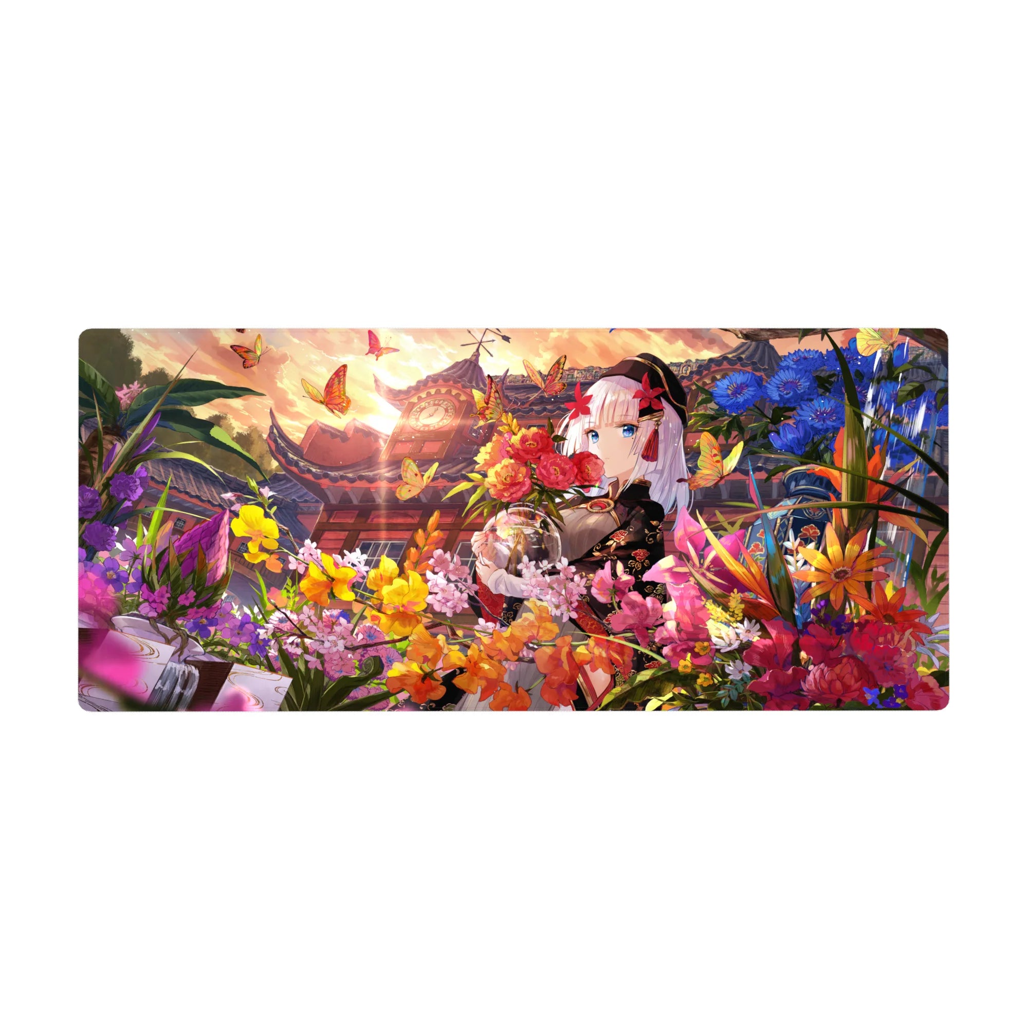 Anime girl desk pad 36x16 inches with silver-haired kimono girl, bouquet, butterflies, and flowers.