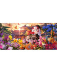 Anime girl desk pad 36x16 inches with silver-haired kimono girl, bouquet, butterflies, and flowers.