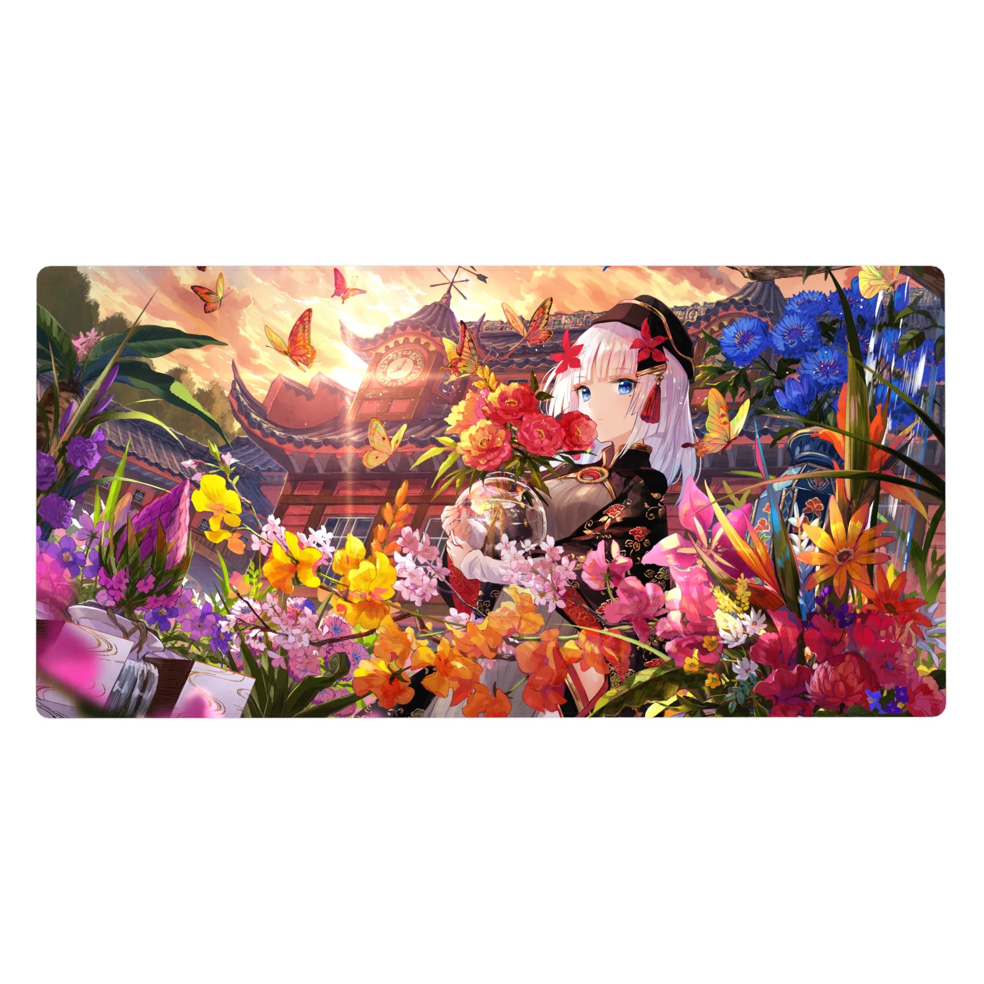 Anime girl desk pad 40x20 inches with silver-haired kimono girl, bouquet, butterflies, and flowers.