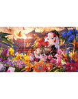 Anime girl desk pad 40x20 inches with silver-haired kimono girl, bouquet, butterflies, and flowers.