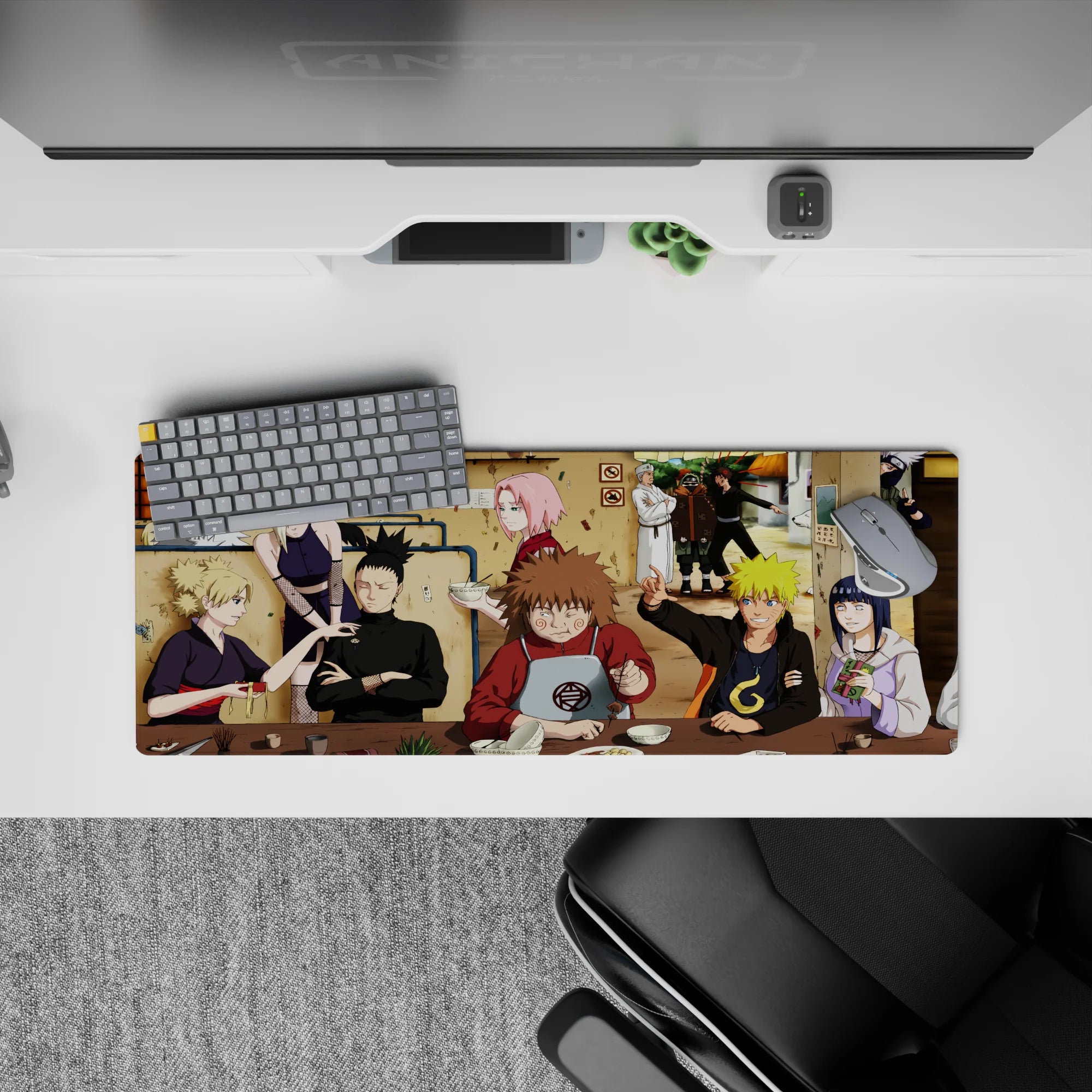 32x12 inches anime mouse pad in warm tan tones with pink and blond pops, cozy ramen-shop chaos vibe.