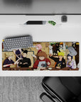 32x12 inches anime mouse pad in warm tan tones with pink and blond pops, cozy ramen-shop chaos vibe.