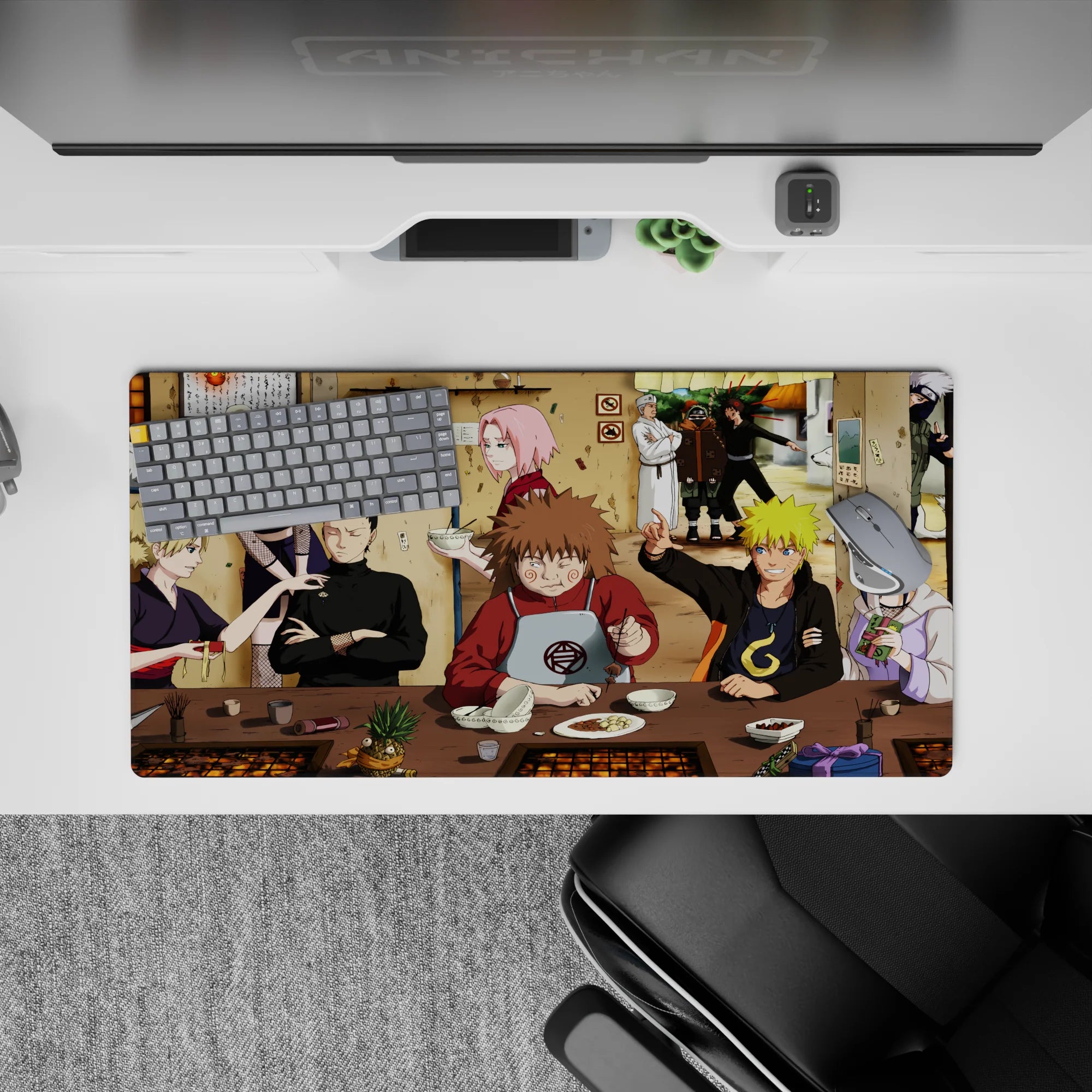 32x16 inches anime mouse pad with warm tan walls, pink and blond pops, and cozy ramen-shop chaos.