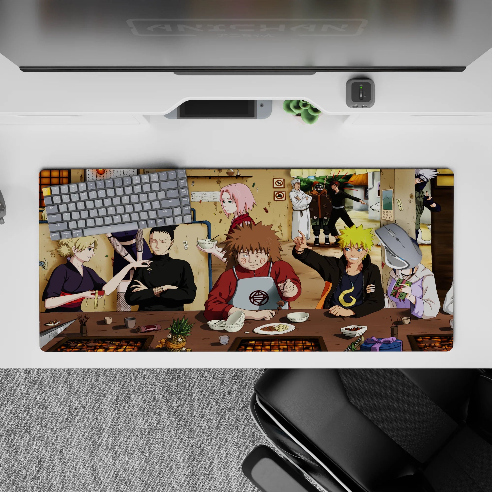 Warm tan ramen shop chaos desk pad with pink and blond pops, cozy anime vibe, 36x16 inches.
