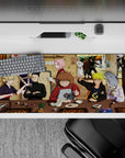 Warm tan ramen shop chaos desk pad with pink and blond pops, cozy anime vibe, 36x16 inches.