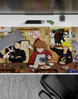 Cozy tan ramen-shop chaos anime desk pad, 40x20 inches, with pink and blond pops and warm vibes.
