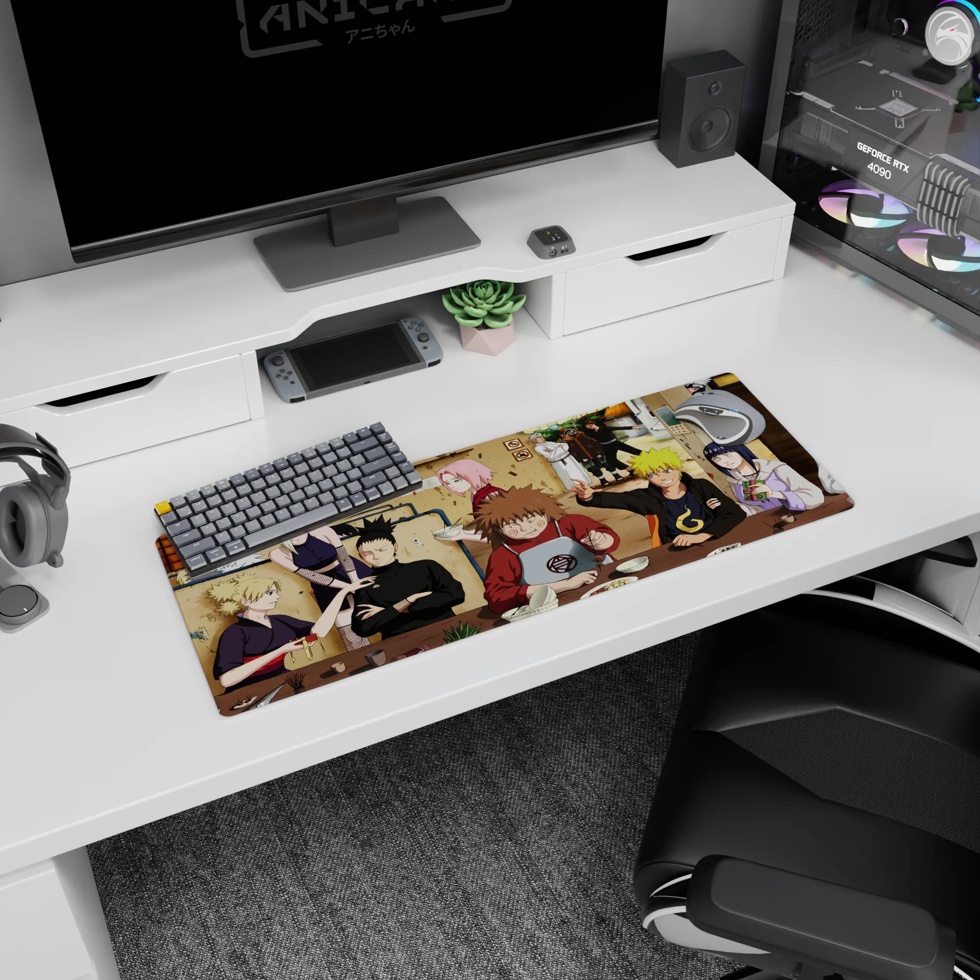 32x12 inches Naruto mouse pad featuring Naruto grinning at ramen with bored Shikamaru and judging Sakura.