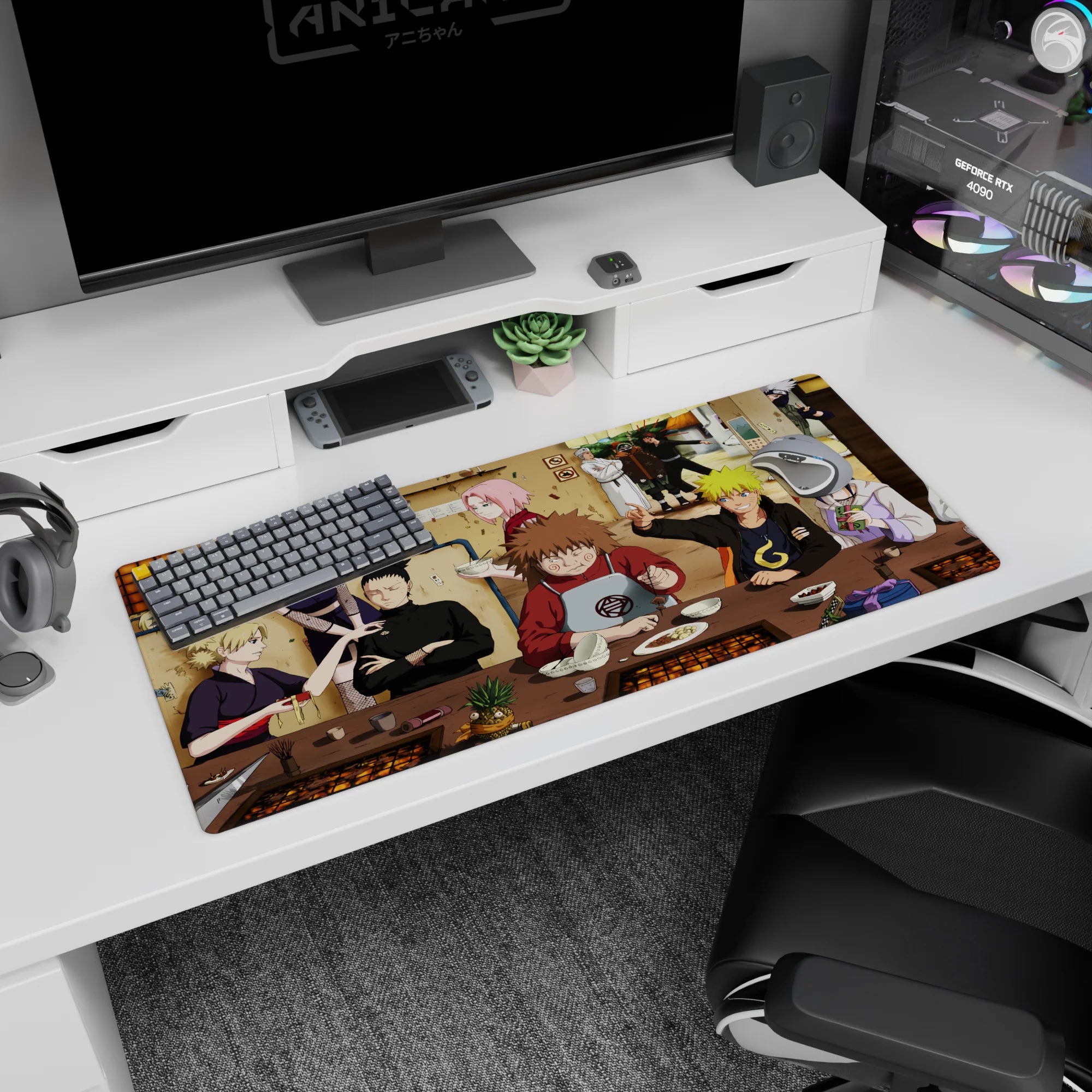 Naruto grinning at the table with Sakura, Shikamaru and friends in ramen shop, 36x16 inches.
