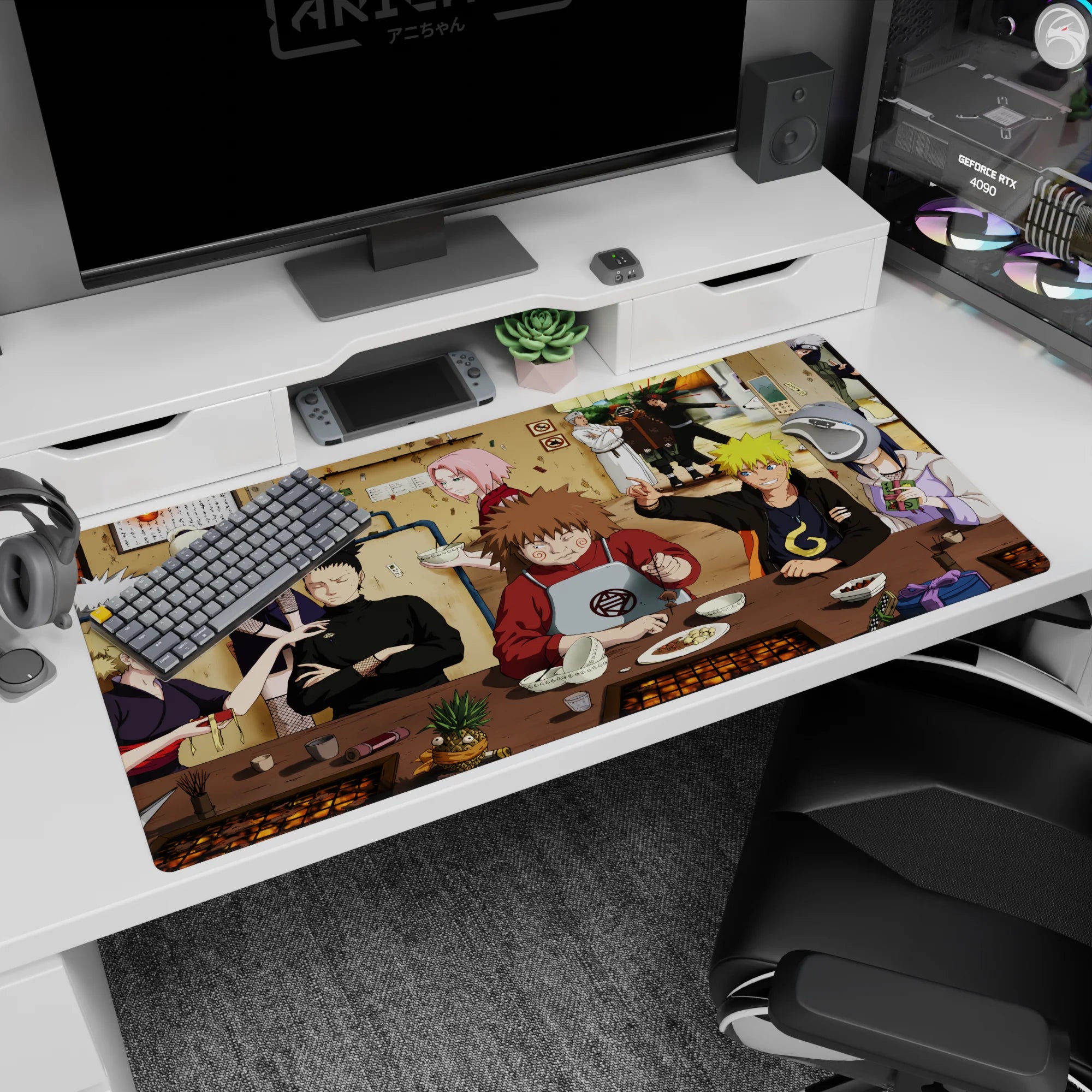 Naruto grinning at a ramen counter with Sakura and bored Shikamaru anime desk pad, 40x20 inches.