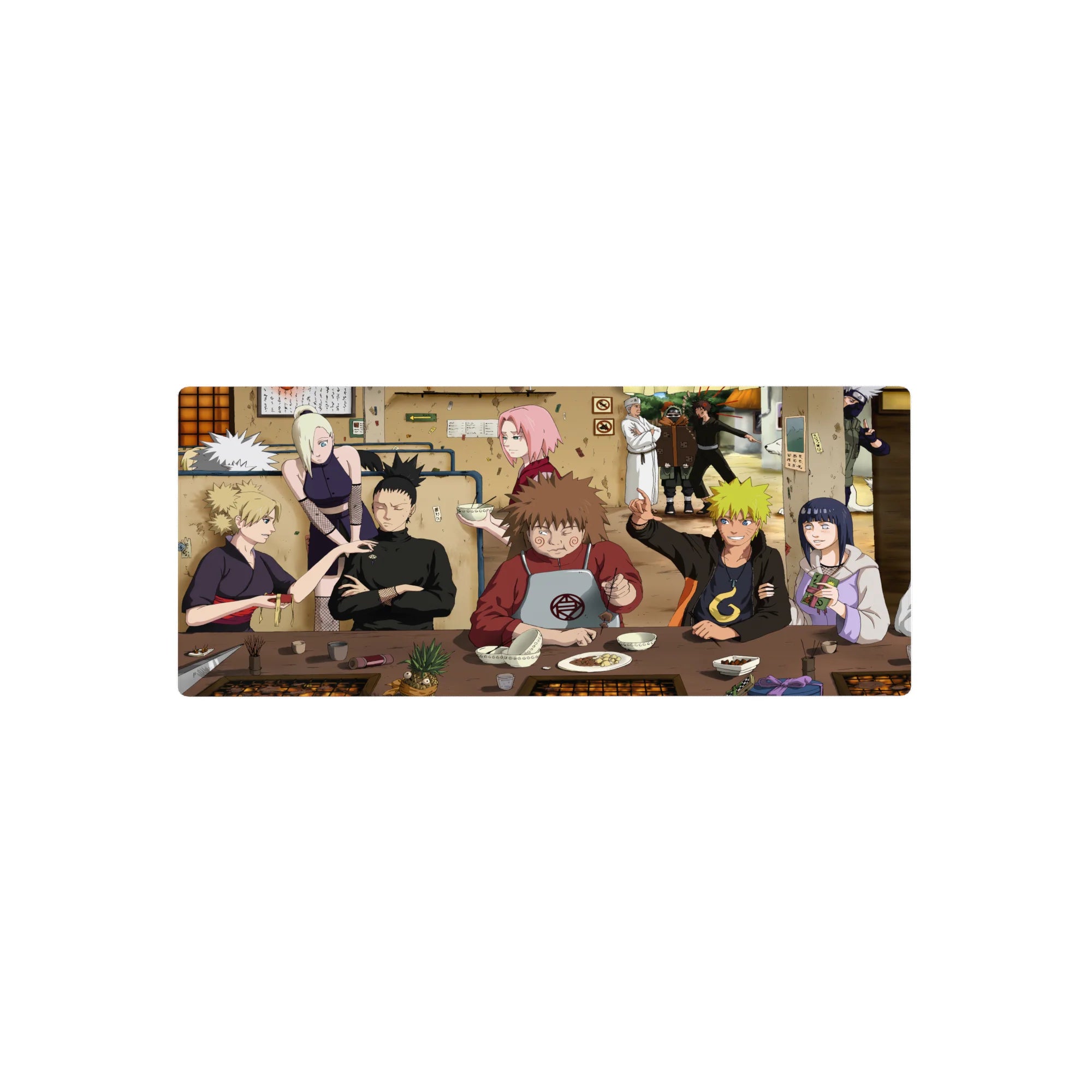 28x12 inches anime mouse pad featuring Naruto Team 7 dinner scene in a cozy ramen shop setting.