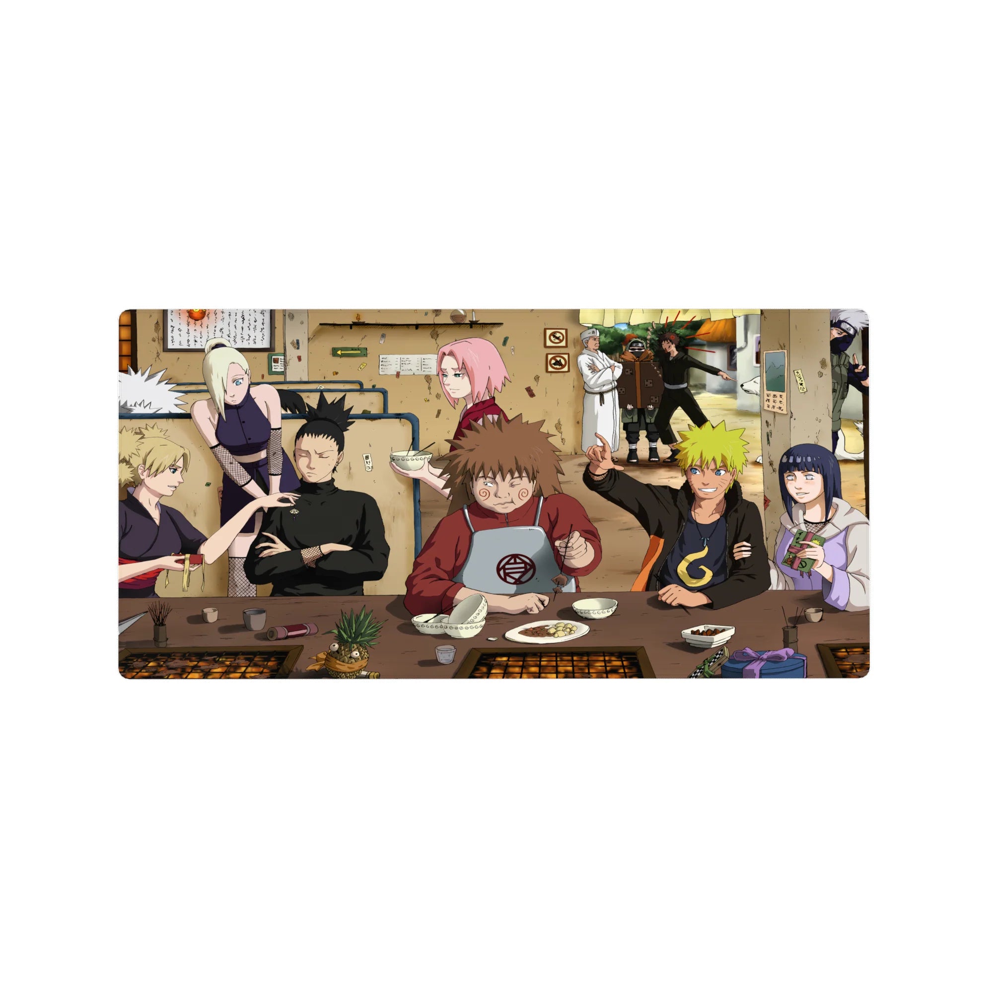 32x16 inches Naruto anime mouse pad showing Team 7 dinner scene in a cozy ramen shop.