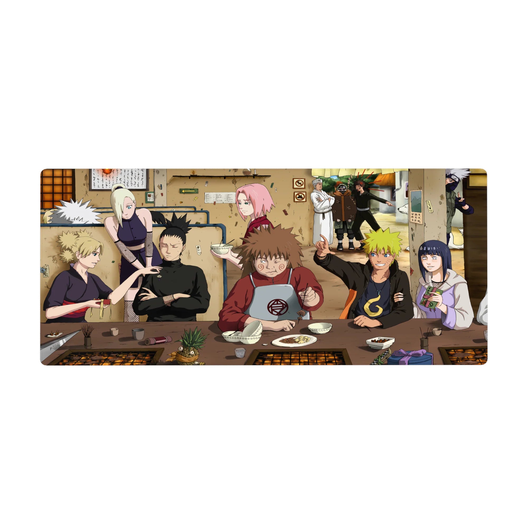 Naruto Team 7 ramen shop scene anime desk pad, smooth print, 36x16 inches.