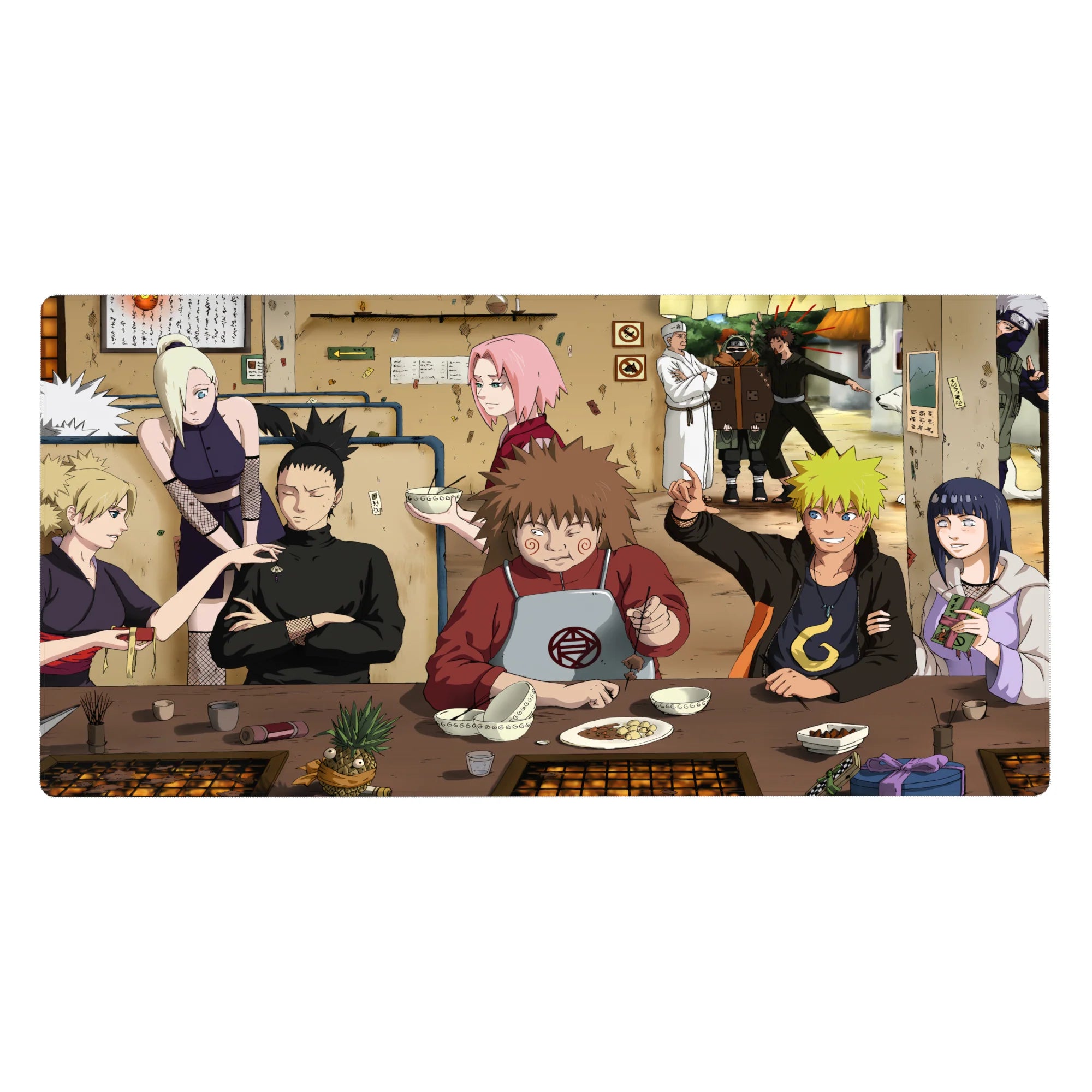 Team 7 ramen shop scene anime desk pad, 40x20 inches, featuring Naruto, Sakura, Shikamaru and friends.