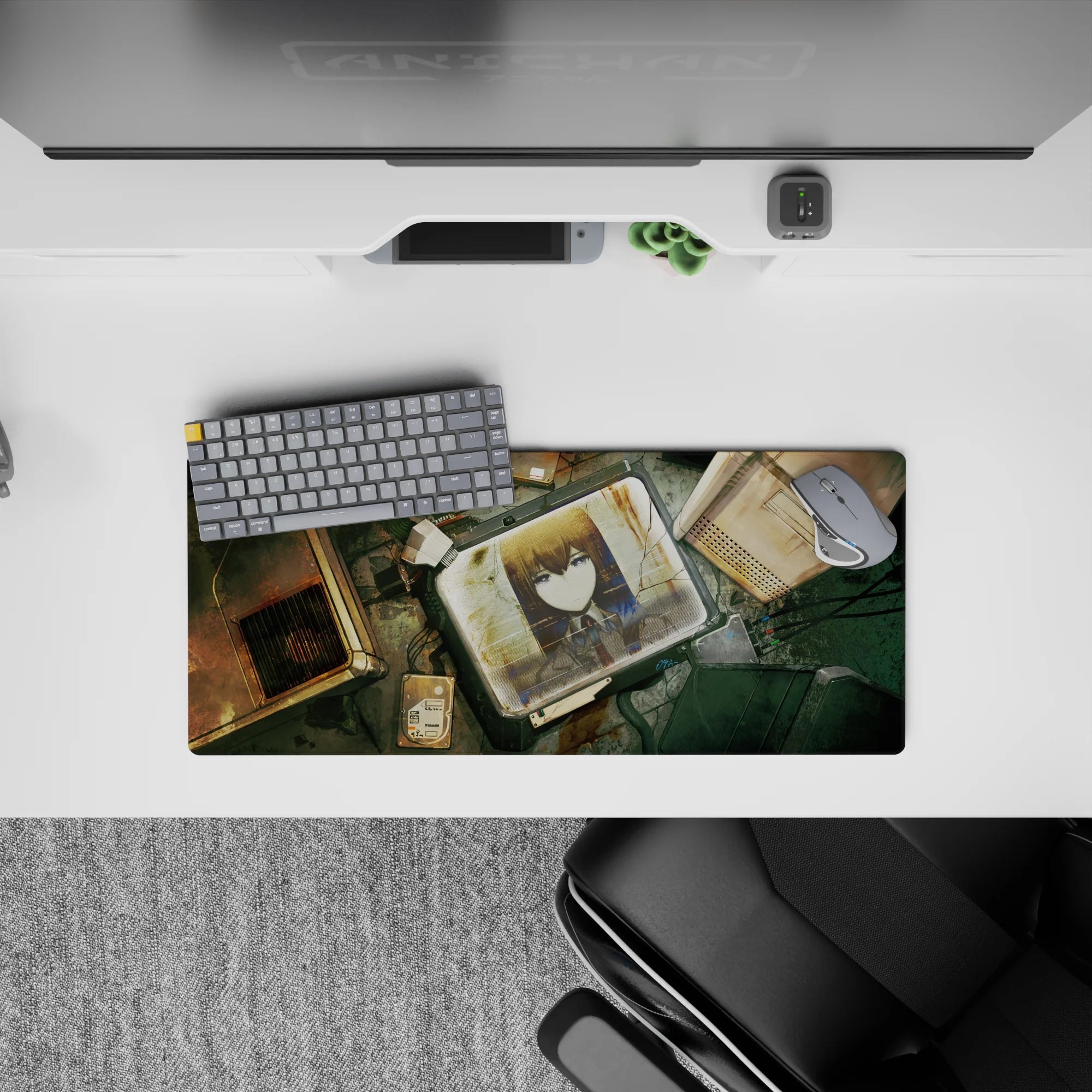 28x12 inches anime mouse pad in rusty golds and cold teals, gritty sci-fi mood with soft shading.