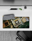 28x12 inches anime mouse pad in rusty golds and cold teals, gritty sci-fi mood with soft shading.