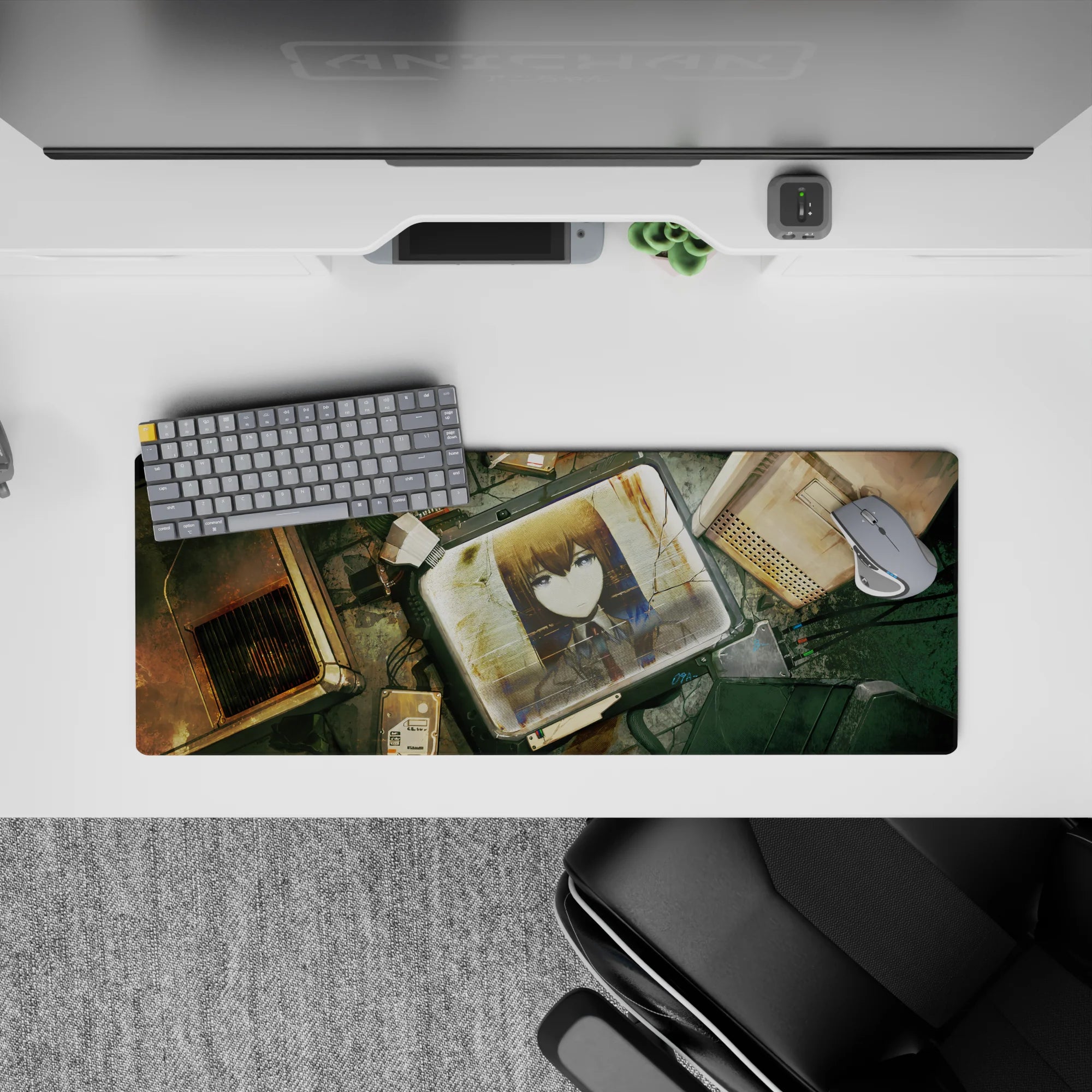Rusty gold and cold teal anime mouse pad 32x12 inches, moody cyberpunk lab vibe with soft shading.