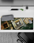 Rusty gold and cold teal anime mouse pad 32x12 inches, moody cyberpunk lab vibe with soft shading.