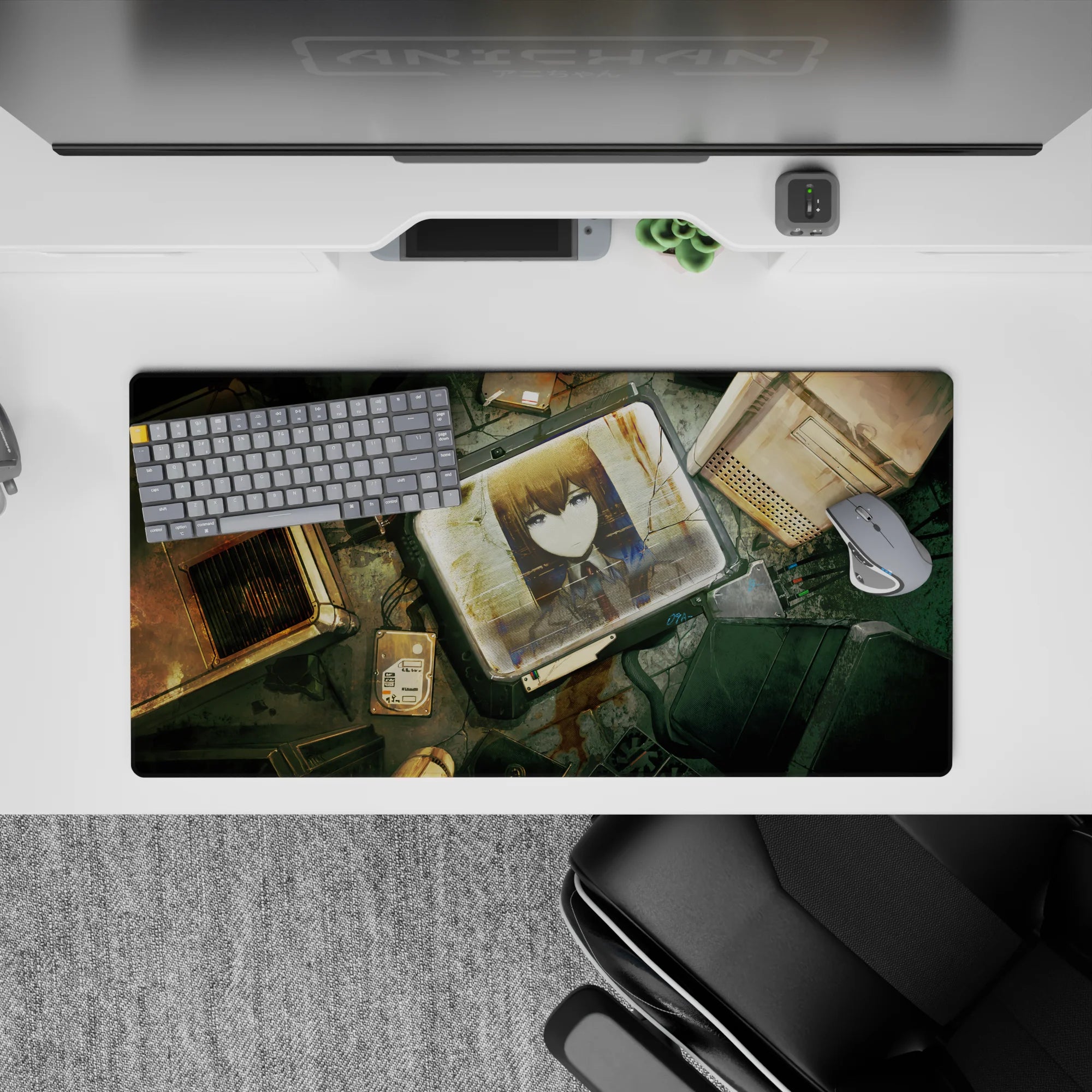 Rusty gold and cold teal anime mouse pad 32x16 inches, calm cyberpunk mood with sharp lines and soft shading.