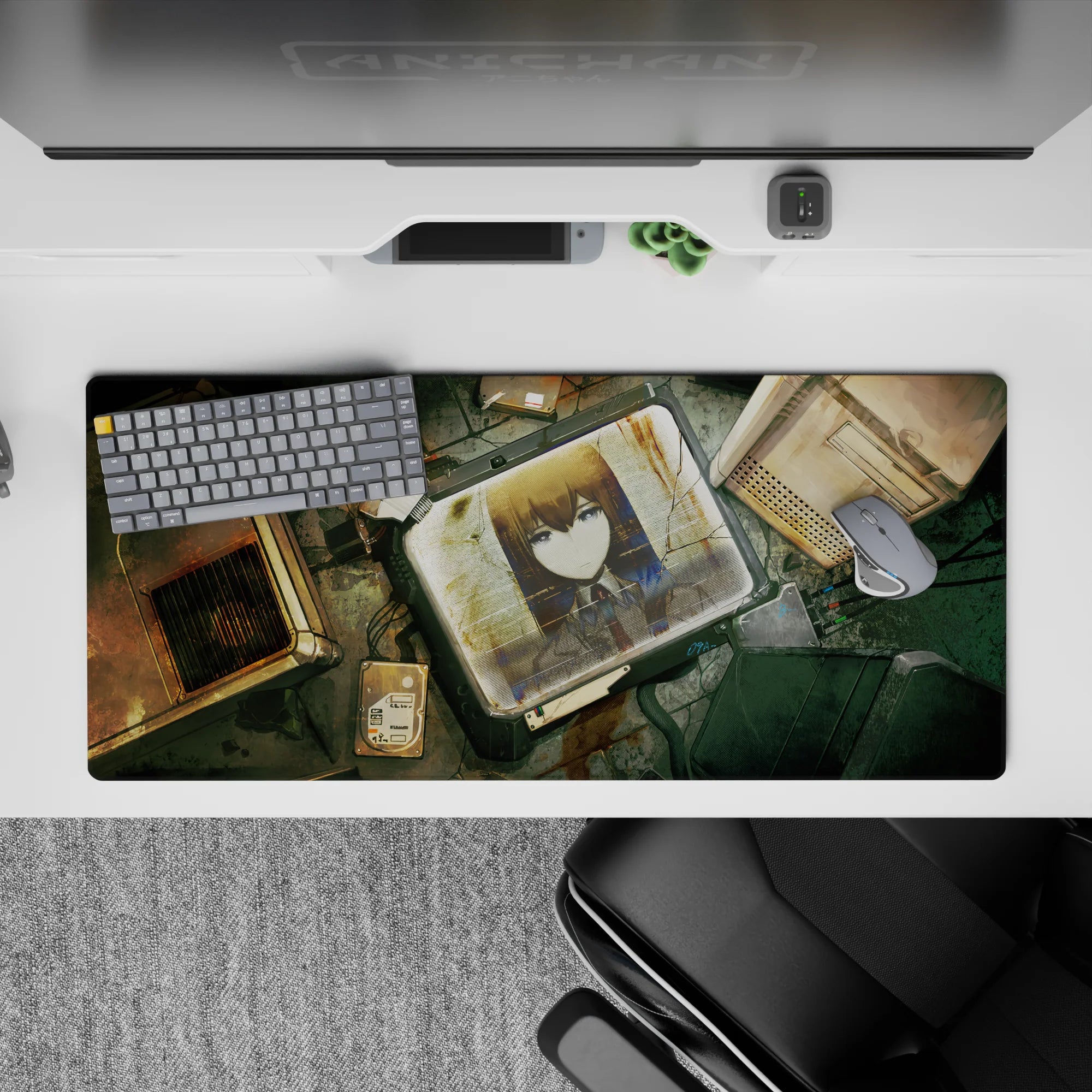 Rusty gold and cold teal anime desk pad 36x16 inches, moody cyberpunk lab vibe with sharp line art.