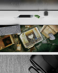 Rusty gold and cold teal anime desk pad 36x16 inches, moody cyberpunk lab vibe with sharp line art.