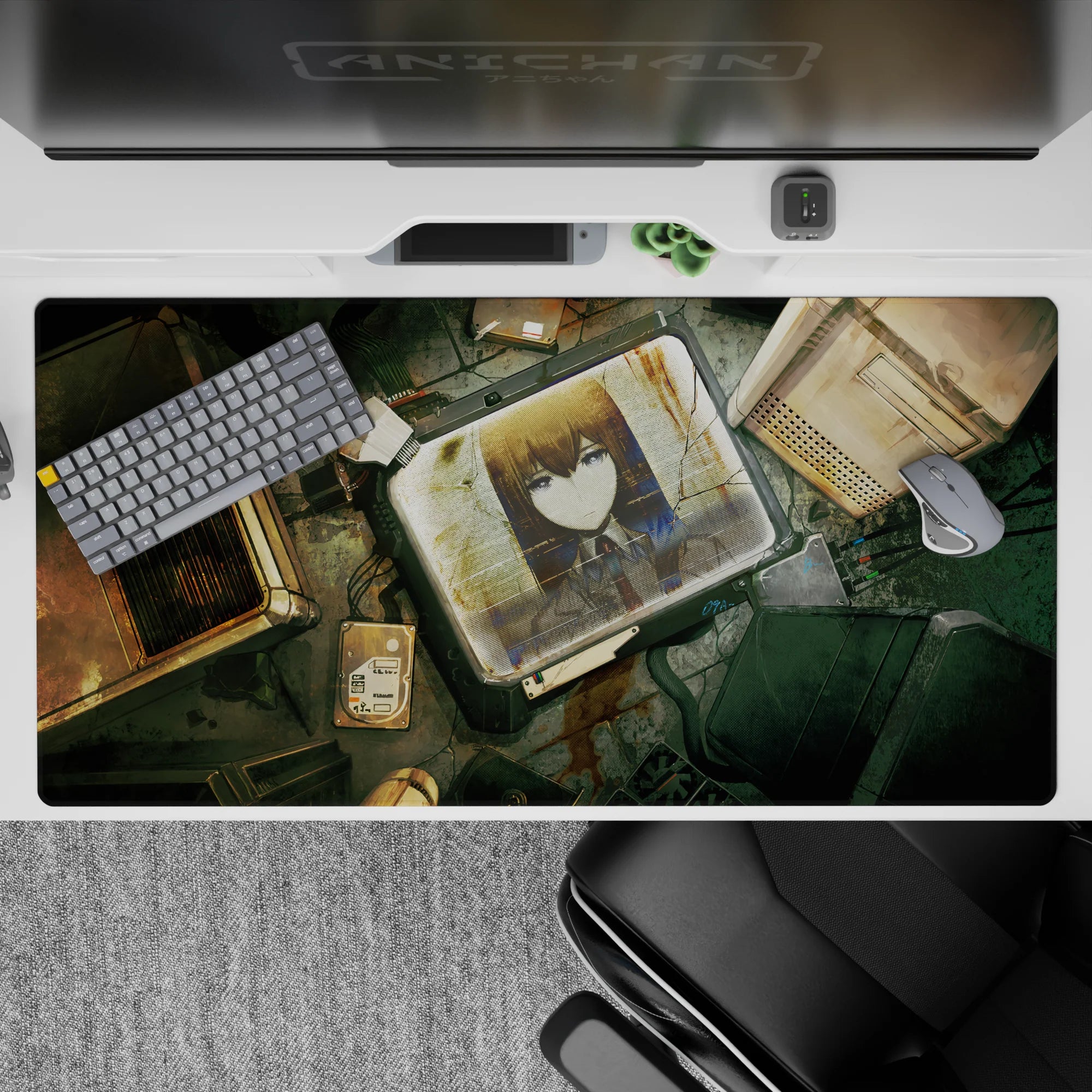 Steel-eyed cyberpunk mood anime desk pad 40x20 inches in rusty golds and cold teals, gritty lab vibe.