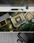 Steel-eyed cyberpunk mood anime desk pad 40x20 inches in rusty golds and cold teals, gritty lab vibe.