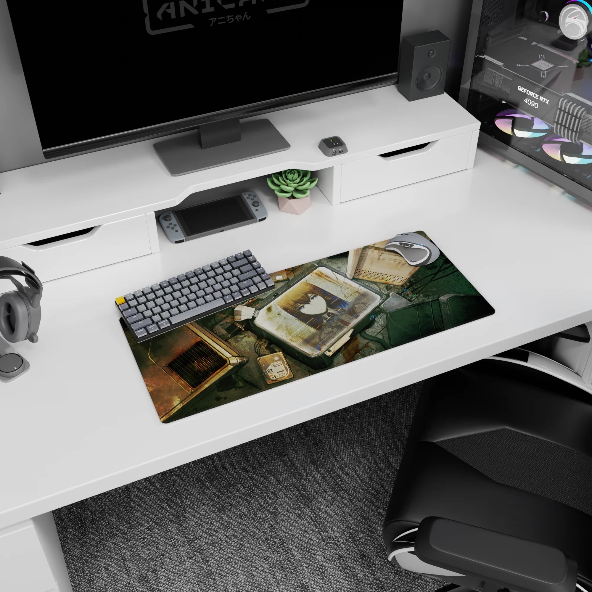 28x12 inches anime mouse pad showing a calm steel-eyed girl in uniform staring from a cracked monitor.