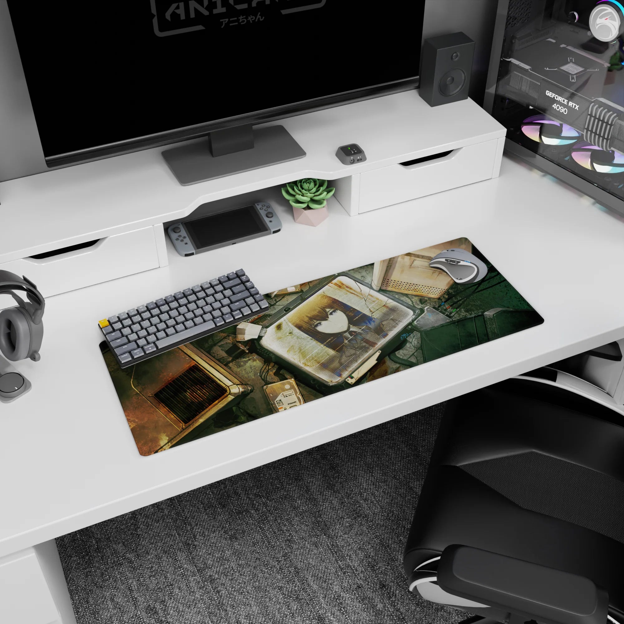 Anime mouse pad 32x12 inches showing calm uniformed girl staring from a cracked screen amid cables and vents.