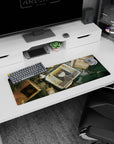 Anime mouse pad 32x12 inches showing calm uniformed girl staring from a cracked screen amid cables and vents.