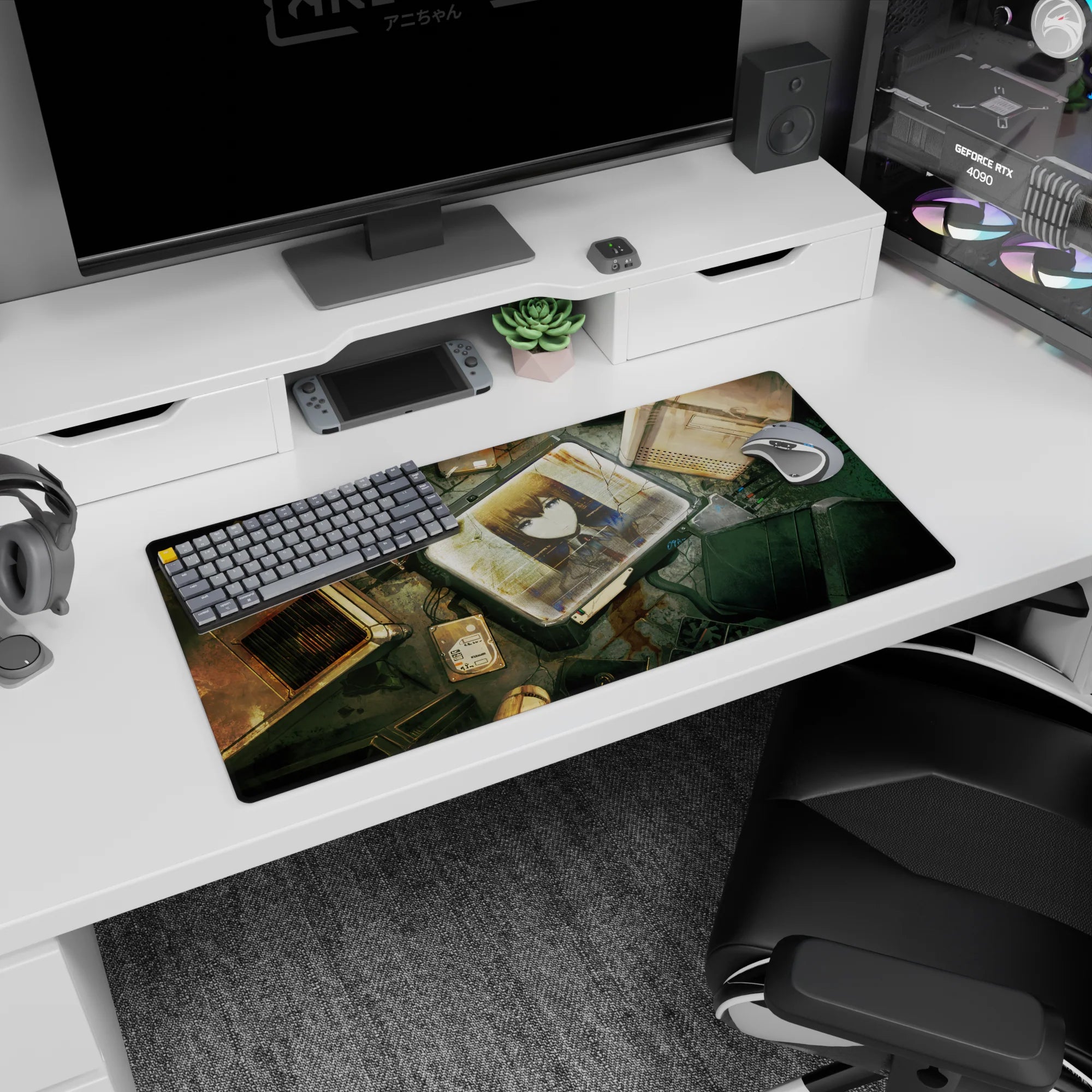 Steel-eyed anime girl staring from cracked monitor on mouse pad 32x16 inches, neat uniform in a sci-fi lab.